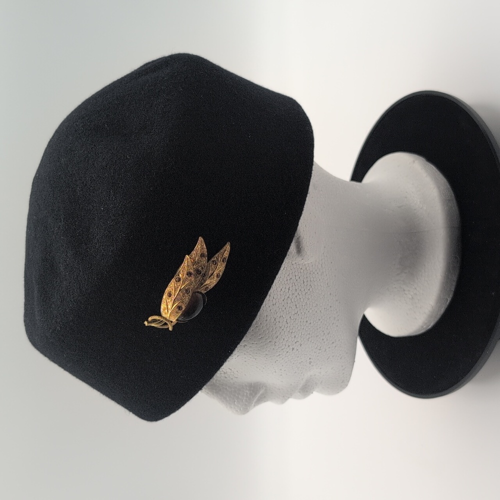Parkhurst| Black Wool Hat Classic Silhouette With Gold Toned Stoned Leaf Brooch - Picture 3 of 10